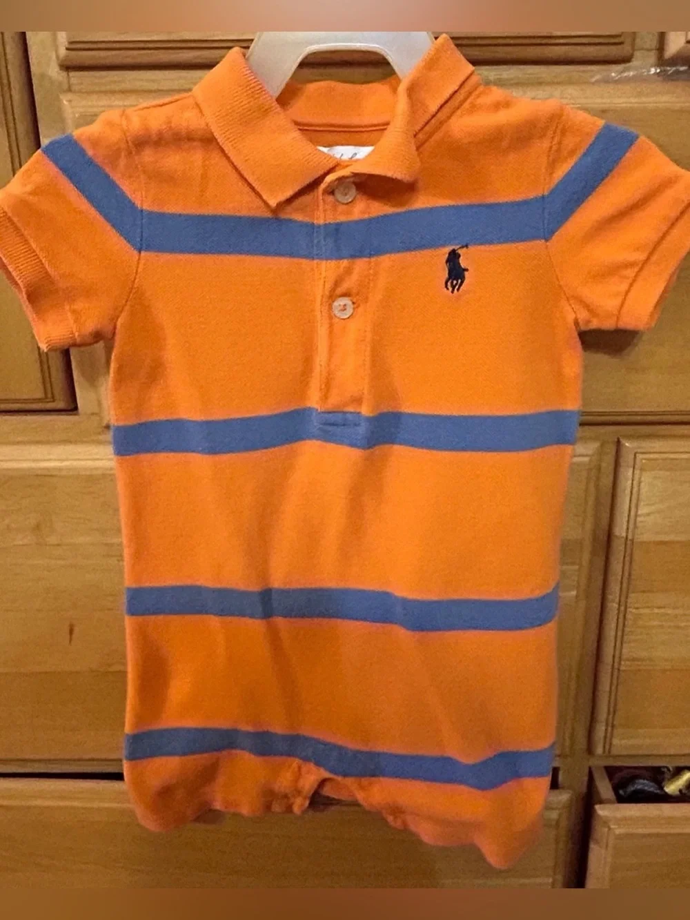 Ralph Lauren Boy’s Orange and Blue Mesh Polo Romper, Size 3 Months EUC
